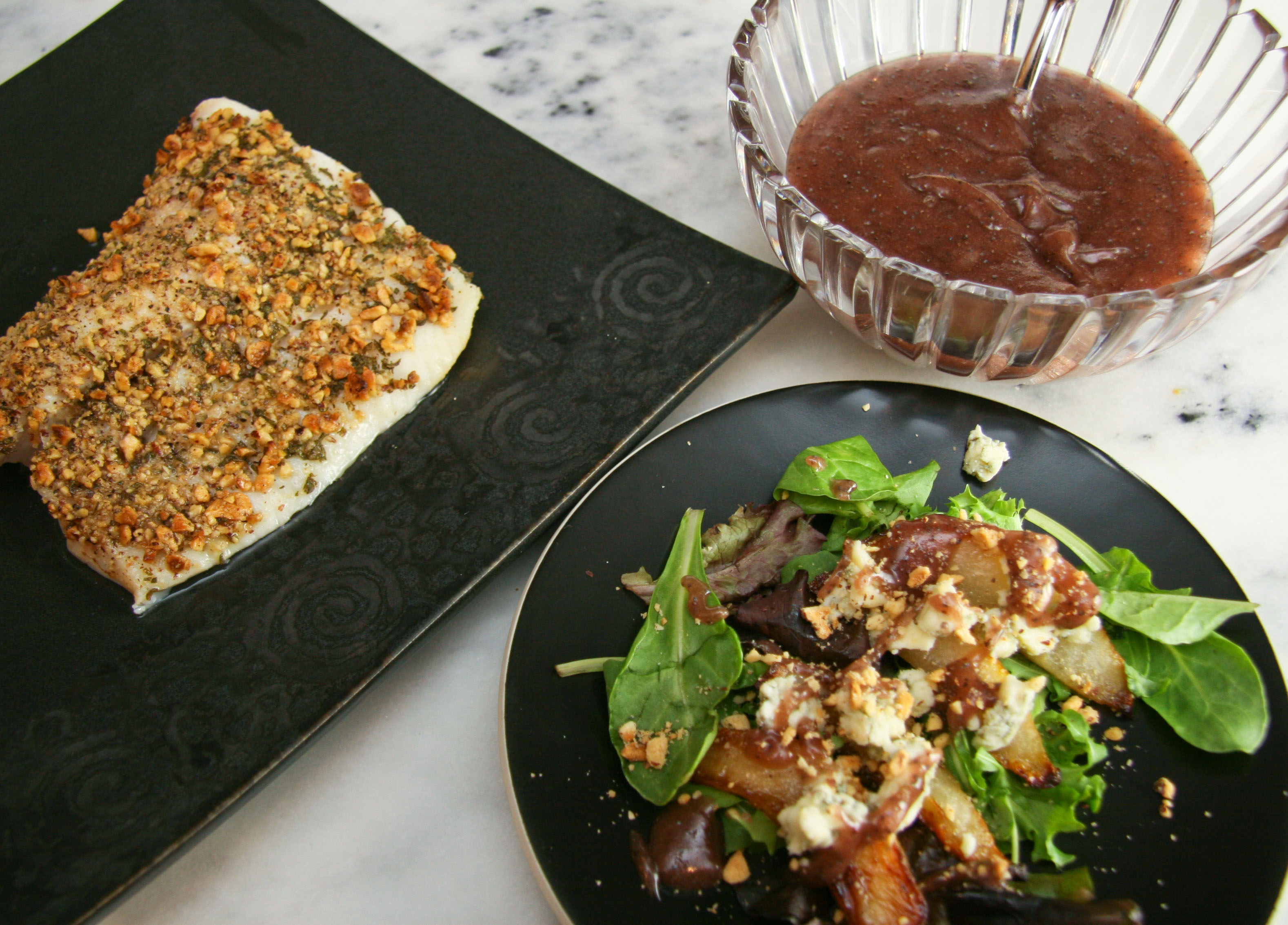 Roasted Hazelnut and Sage Crusted Halibut with Roasted Pear and Crater Lake Blue Cheese and Oregon Poppy Seed Dressing