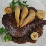 Duck Legs Braised in Pinot Noir with Roasted Pears and Cipolini Onions