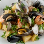 Shrimp, Scallops, Clams, Mussels and Potatoes Steamed in Belgian-style Ale