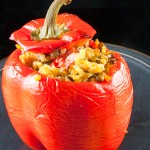 Stuffed Bell Pepper with Saffron Rice, Lentils, Shrimp and Bacon