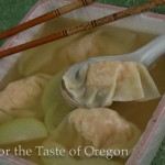 Salmon and shrimp-stuffed dumpling soup with chayote.