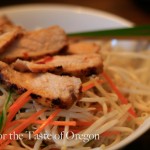 Cold mai-fun noodle salad with nuoc cham dressing and pan-seared Moroccan pork
