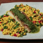 Cumin-roasted Halibut with Cilantro Sauce and Warm Corn Salad