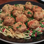 Spaghetti in Cream Sauce with Shrimp and Bacon Meatballs