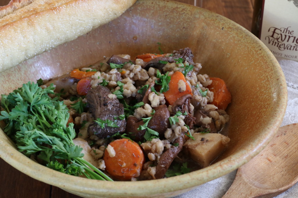 Using goose in a stew with barley, carrots, chanterelles and celery root makes a hearty winter dish.